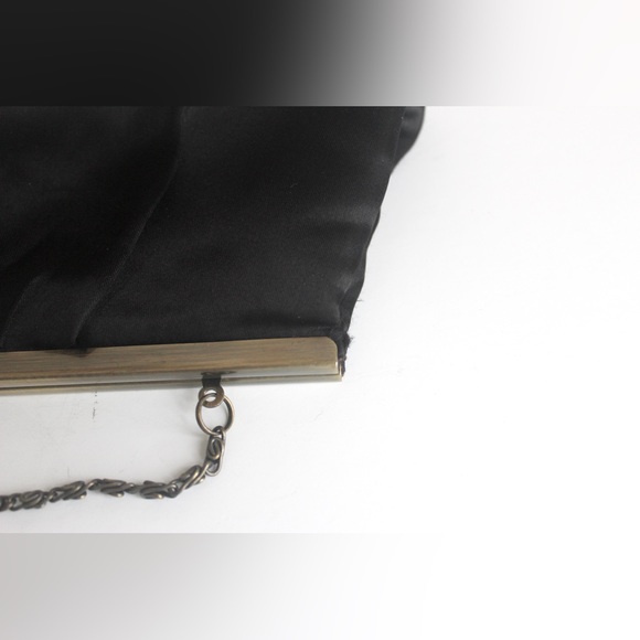 Vintage Matt Black Satin and Antiqued Brass Clutch with Chain, Evening Bag Retro - Picture 5 of 9